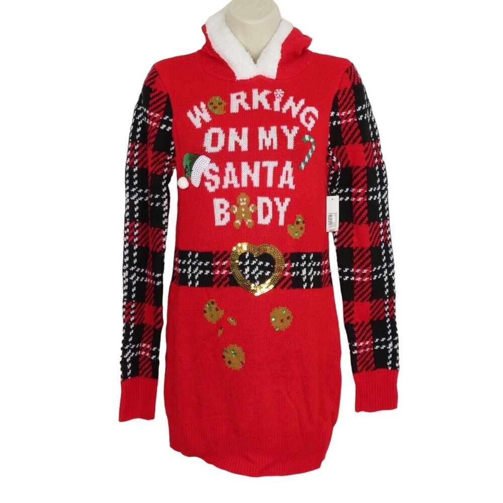 No Boundaries Small Working on My Santa Body Pullover Hoodie Sweater Dress NEW